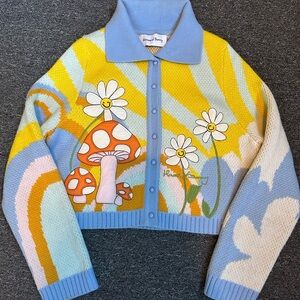 House of Sunny Yellow and Blue Cardigan with Daisy and Mushroom Design Us size 8
